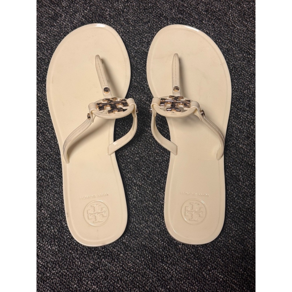 Tory Burch Mini Miller Jelly Thong Sandals Cream Gold Logo 51148678 Size 7M